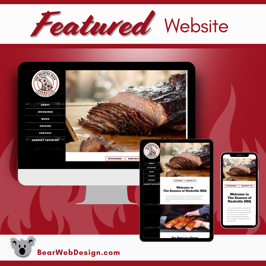 The Painted Man BBQ website displayed on desktop, tablet, and mobile devices, showcasing responsive website design by Bear Web Design.