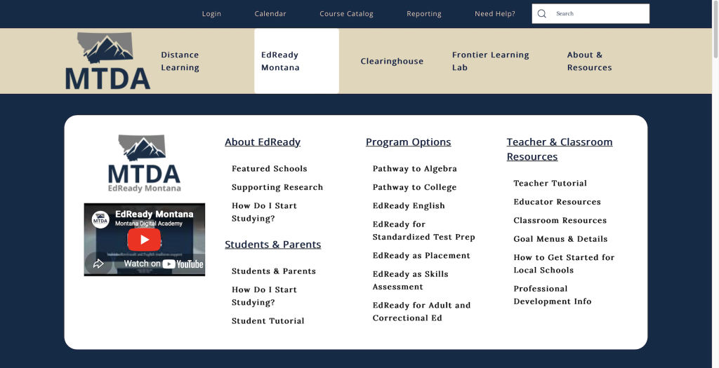 Screen shot of MTDA's mega menu structure for the EdReady program.
